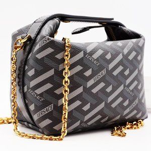 Versace La Greca Signature Mini Shoulder Bag in Black & Grey with Gold Hardware